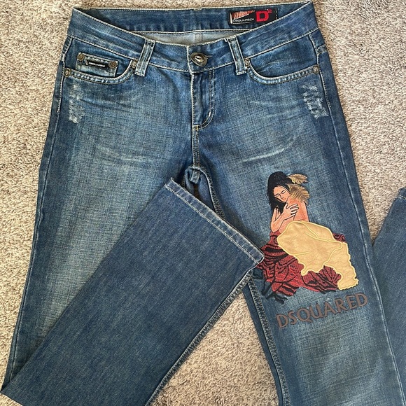 Dsquared2 embroidered native woman cowboy hat button boot cut jean low rise - Picture 1 of 14